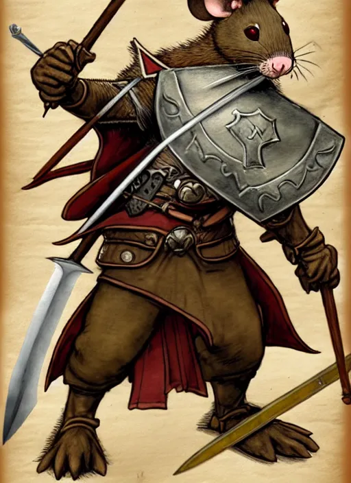 Image similar to a heroic mouse knight with sword and shield on a parchment background, redwall, greg rutowski and jean baptiste monge, detailed, epic fantasy concept art, full body