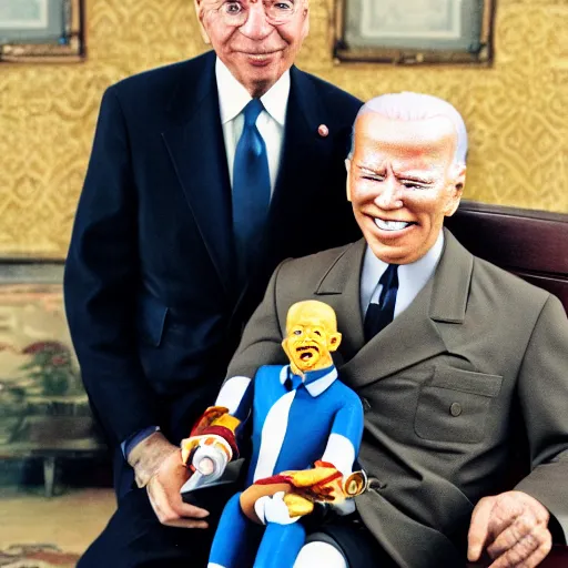 Image similar to UHD candid color photo of 'Klaus Schwab wearing Nazi uniform' holding a 'ventriloquist dummy of Joe Biden', accurate faces, UHD, photorealistic, correct face, photo by Annie Leibowitz