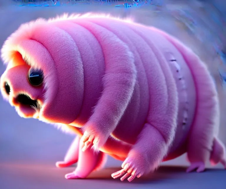 Image similar to high quality 3 d render hyperrealist very cute small tardiradiant, plush mascot, long spiky fluffy smooth hair, photo from the side, pink fluffy fur, vray, smooth background, artstation, ultra detailed