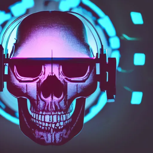 Prompt: a skull with a vr headset in a cyberpunk aesthetic, 4 k, with the exact word pixel written on the headset