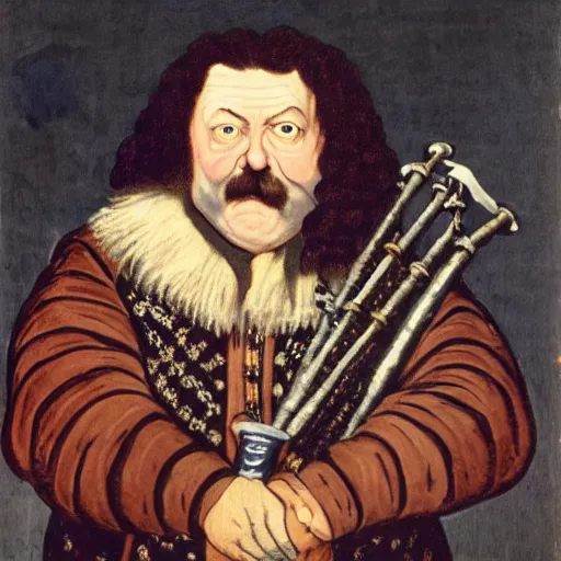 Prompt: a realistic 1 7 th century portrait of harry, a man with scottish features and exceptionally large bagpipes wearing quilts and wielding a wand. very pale, with a large pointy nose. hagrid in the background and hedwig on his shoulder