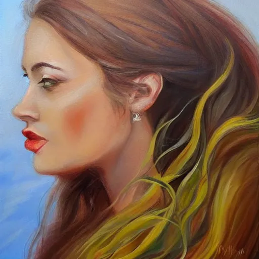 Prompt: side profile of a beautiful woman with long flowing hair, nature elements, painting by dimitra Milan.