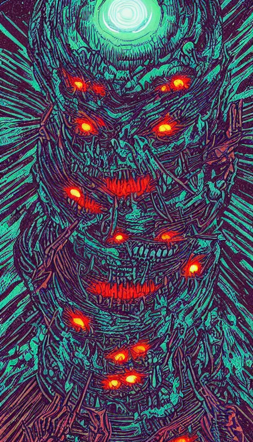 Prompt: a storm vortex made of many demonic eyes and teeth, by dan mumford,