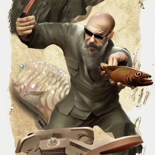 Prompt: bearded and bald man armed with a fish in matrix universe