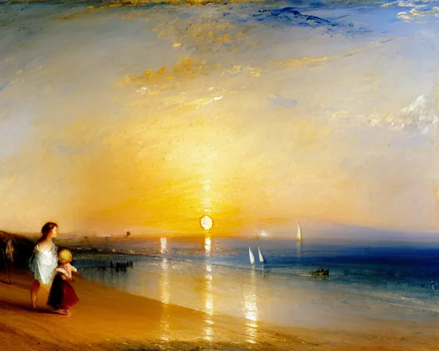 Prompt: a couple and a girl toddler on a beach in sardinia looking at the sunset, there is a sailing boat on the horizon, the woman has long dark hair, white sand, blue sky, summer, white and blue, painting by j. m. w. turner in 2 0 2 2