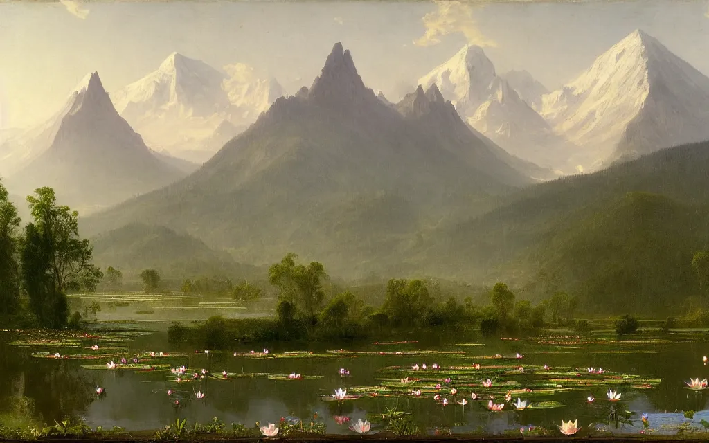 Prompt: alpine pond with water lilies, a single blooming gigantic lotus flower, and simple flat roof shacks in the background, under hazy towering mountains. landscape painting by Albert Bierstadt and Frederic Edwin Church. Hudson river school monumental landscape painting, view from above, wikimedia commons full resolution