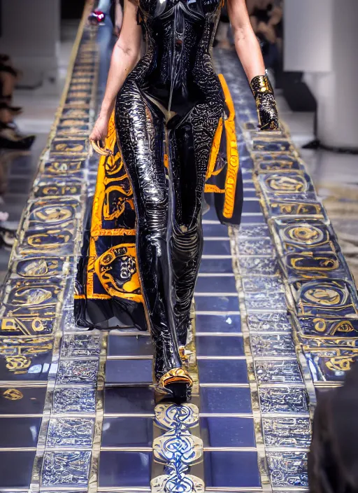 Image similar to hyperrealistic and heavy detailed versace runway show of judge dredd, leica sl 2 5 0 mm, vivid color, high quality, high textured, real life 8 k