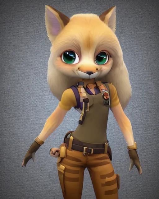 Image similar to female furry mini cute style, highly detailed, rendered, ray - tracing, cgi animated, 3 d demo reel avatar, style of maple story and zootopia, maple story gun girl, fox from league of legends chibi, soft shade, soft lighting