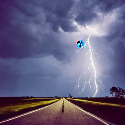 Image similar to a hot air balloon flying in the middle of the road, liminal space, uncanny, saturated, dynamic lightning