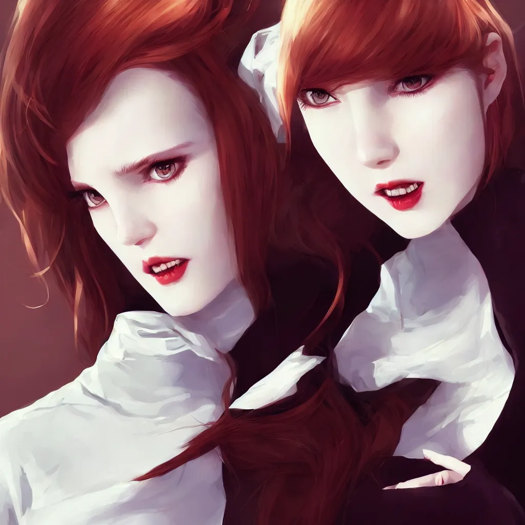 Image similar to beautiful pale vampire with auburn hair in a white turtleneck dress, on a super yacht, by guweiz and wlop and ilya kuvshinov and and moebius, artgerm, symmetrical eyes, aesthetic, gorgeous, stunning, alluring, attractive, half body portrait, artstation, deviantart, pinterest, digital art