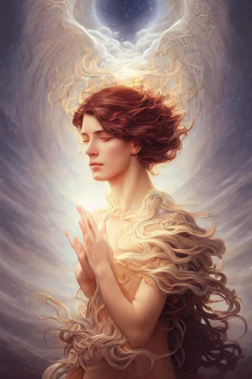 Prompt: wind blowing hair meditation celestial being, dreaming and floating, bust portrait, dnd, fantasy, intricate, elegant, highly detailed, digital painting, artstation, concept art, smooth, sharp focus, illustration, art by artgerm and tom bagshaw and greg rutkowski and alphonse mucha