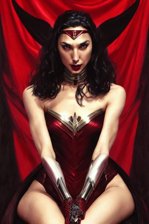 Image similar to Gal Gadot as a vampire queen, black and red silk clothing, sitting on throne, Full body shot, D&D, fantasy, intricate, elegant, highly detailed, digital painting, artstation, concept art, matte, sharp focus, illustration, hearthstone, art by Artgerm and Greg Rutkowski and Alphonse Mucha