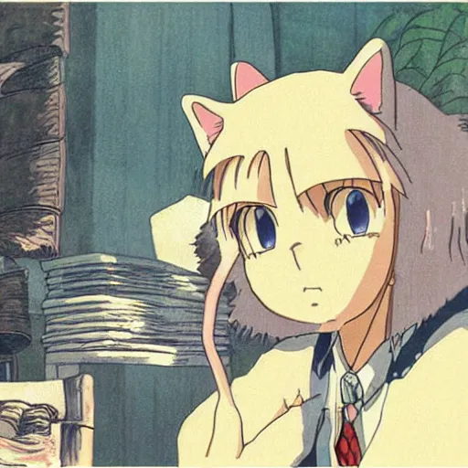 Image similar to by Hayao Miyazaki, Samuel Beckett as a cat girl, high res, anime, HD, studio ghibli.