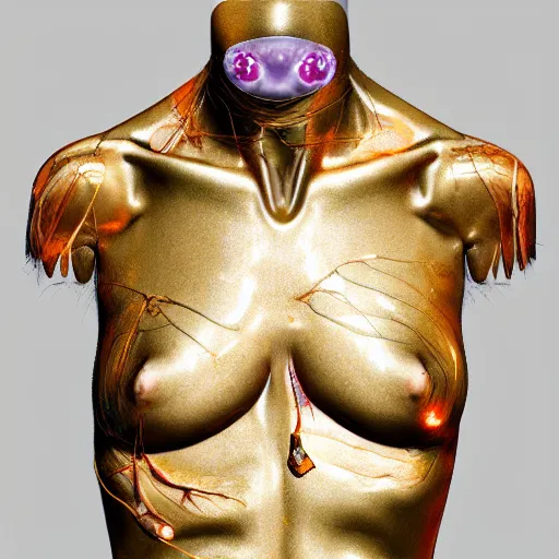 Prompt: neural system female torso with cracked skin with raw gems inlaid her skin, anatomic description, gems, gold, 8k, details, studio lighting, realism, complex lights