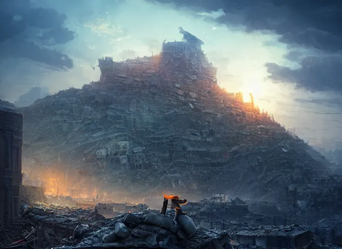 Prompt: highly detailed macro shot of rubble city focusing on a male explorers face, rule of thirds, cinematic view, epic sky, detailed, concept art, low angle, high detail, warm lighting, volumetric, godrays, vivid, beautiful, by jordan grimmer, huge scene, art greg rutkowski