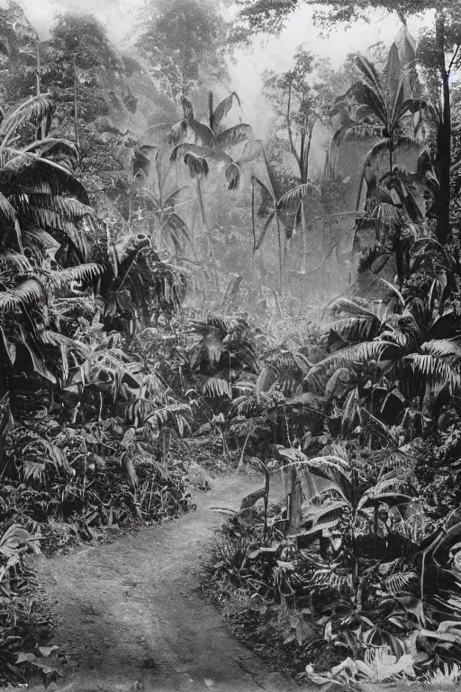 Prompt: alien village, jungle, black and white photography, year 1 9 0 0