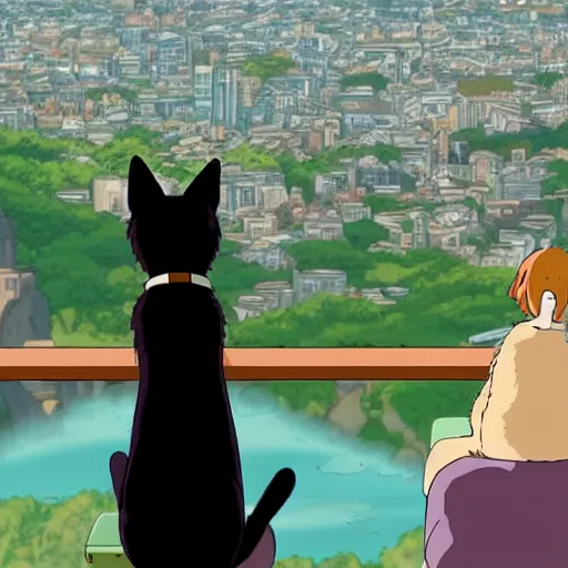 Prompt: an anthropomorphic black cat and pug dog who are in love and holding hands while looking out over a city, Miyazaki, studio ghibli