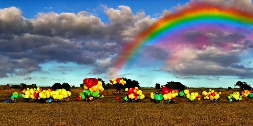 Image similar to empty clown land for miles in every direction there is a long caravan of clowns and clown cars from the 1 8 0 0 s on the horizon puffy clouds in the sky at sunset, rainbow hour, rule of thirds, art, red and yellow