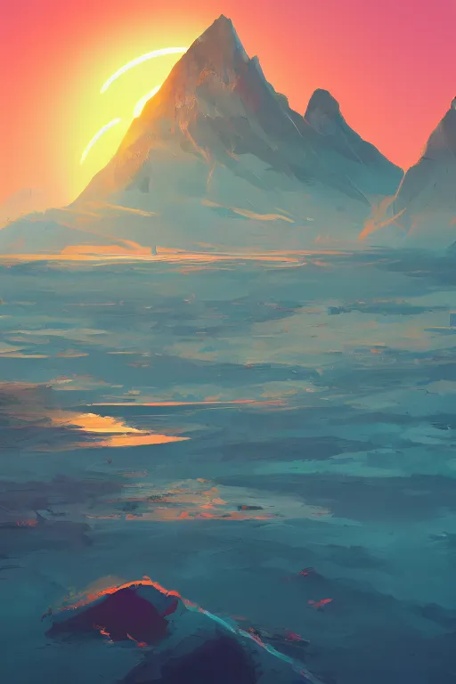 Image similar to sunrise mountain water concept art digital art by james gilleard trending on artstation