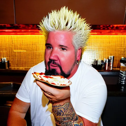 Image similar to guy fieri sitting on a white toilet in a bathroom stall , eating a plate of nachos that is sitting on his lap, 8k