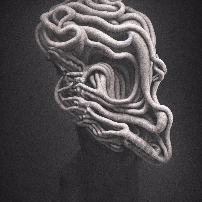 Prompt: surreal portrait of ribbed demon by m c escher, soft grainy bloom lucid dream - like atmosphere, harsh flash photo at night, baroque painting, perfect composition, detailed octane render trending on artstation, 8 k artistic photography, volumetric cinematic perfect light, chiaroscuro, masterpiece, raphael, caravaggio, beksinski, rutkowski, beeple