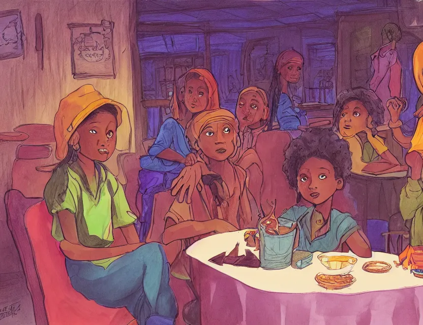 Prompt: brown - skinned witch kids in a suspicious cafe. complementary colors, copic markers, indie concept art, bloom, chiaroscuro, backlighting, intricate details.