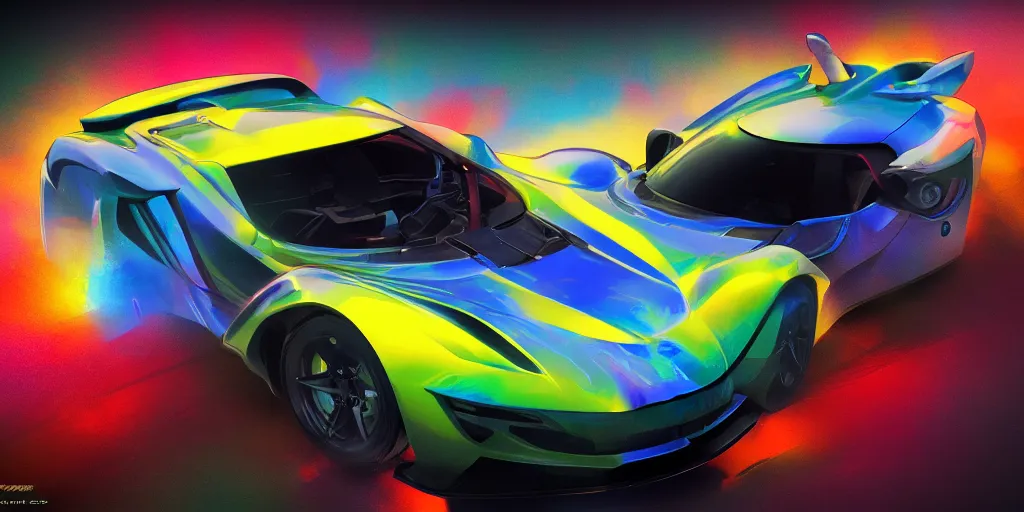 Image similar to full view of a sport car from GTAV, painted in any bright colors holographic pearlescent, elegant, digital painting, concept art, smooth, sharp focus, art style from Wang Ke and Greg Rutkowski and Bruce Kaiser and Scott Robertson and Dmitry Mazurkevich and Doruk Erdem and Jon Sibal, small style cue from Blade Runner