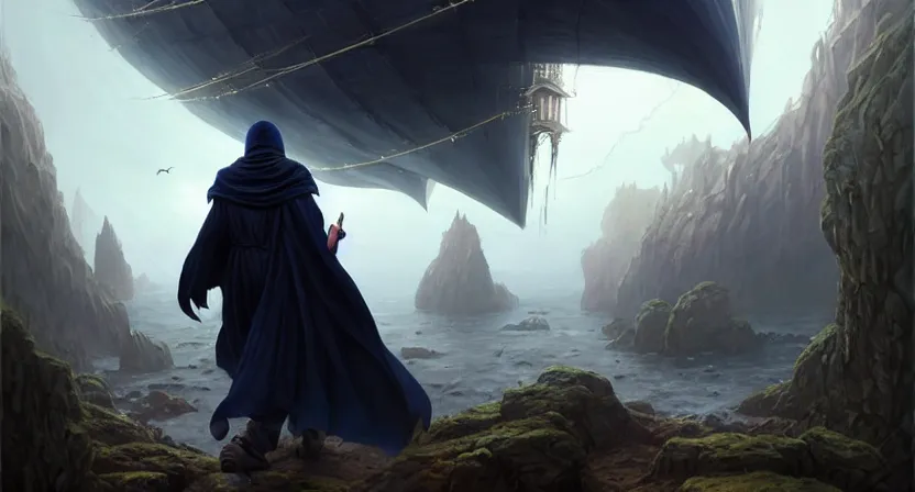 Image similar to handsome mage with stave running away from giant airship, black hair wearing round hooded gothic navy cloak, cave town, movie action still frame, ultra wide horizon, intricate, elegant, highly detailed, hyperrealism, digital painting, concept art, smooth, sharp, focus, illustration, art by artgerm, greg rutkowski, ilya kuvshinov