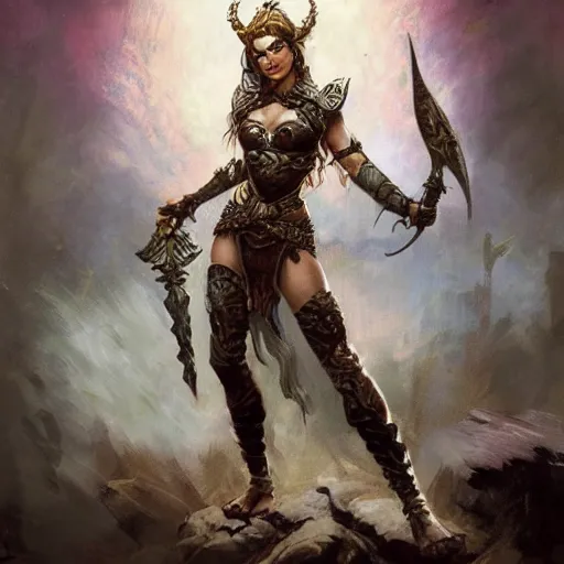 Prompt: warrior princess character portrait by frank frazetta - wearing ornate armor, holding a spear, striking a pose, fantasy, dungeons & dragons, sharp focus, beautiful, artstation contest winner, detailed