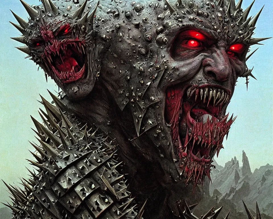 Prompt: A muscular, large fanged orc with pale skin covered in scars stands near the hills, wearing spiky, complex, detailed armor without a helmet. Extremely high detail, realistic, fantasy art, masterpiece, art by Zdzisław Beksiński