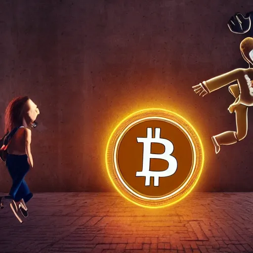 Prompt: people running away scared from a giant with bitcoin head, cinematic, 3D art, hyper-realistic, cryptocurrency, 8k