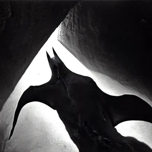 Image similar to a close - up, ultra detailed black & white studio photographic portrait of a loud screeching giant, bat - like creature flying towards you, you are exploring an alien planet and come across a strange, dark cave, dramatic backlighting, 1 9 7 3 photo from life magazine, by keith thompson, h. r. giger,