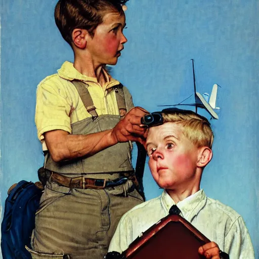 Image similar to a Norman Rockwell painting of a boy and his small airplane