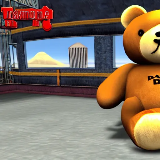 Image similar to tony hawk's extreme teddy bear cuddling for playstation 2, video game screenshot