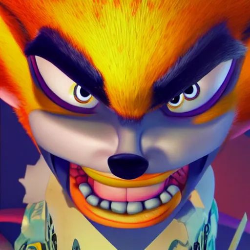 Prompt: upclose portrait of crash bandicoot making a crazy face, digital art, light pastel colors, by hirohiko araki, very detailed picture with lots of emotion, trending on artstation, high fidelity, 8 k, has a very realistic look to it, hyper realism