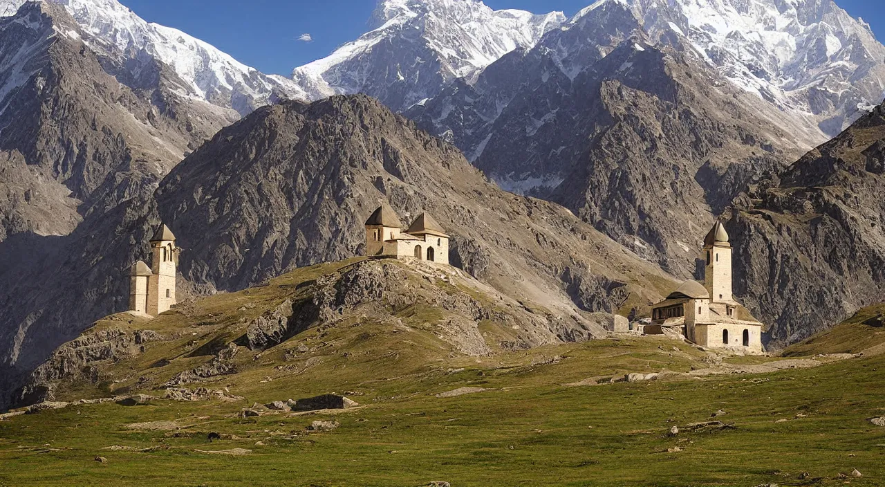 Prompt: Church at the foot of Mount Kazbek, photograph,