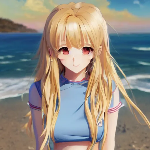 Image similar to a very beautiful anime girl, full body, long golden hair, sky blue eyes, full round face,cute face, short smile, mini jeans skirt, cute top, beach setting, cinematic lighting, medium shot, mid-shot, highly detailed, trending on Artstation, Unreal Engine 4k, cinematic wallpaper by Stanley Artgerm Lau, WLOP, Rossdraws, James Jean, Andrei Riabovitchev, Marc Simonetti, and Sakimichan