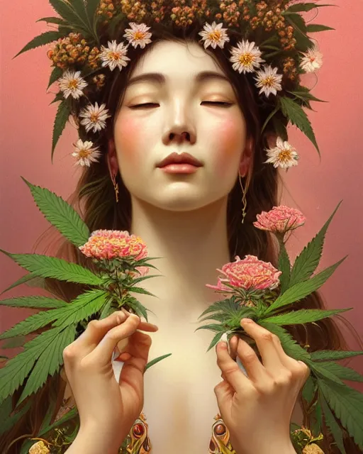 Image similar to portrait of goddess gaea, flowery face, upper body, decorated with cannabis flowers, traditional chinese art, intricate, elegant, highly detailed, digital painting, artstation, concept art, smooth, sharp focus, illustration, art by artgerm and greg rutkowski and alphonse mucha, 8 k