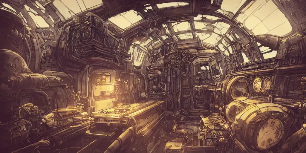 Prompt: steampunk spaceship interior, kim jung gi style, Greg Rutkowski, Zabrocki, Karlkka, Jayison Devadas, trending on Artstation, 8K, ultra wide angle, zenith view, pincushion lens effect