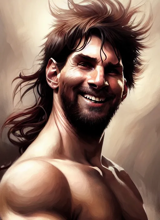 Prompt: portrait of aggressive smiling messi, d & d, muscular! fantasy, intricate, elegant, highly detailed, digital painting, artstation, concept art, smooth, sharp focus, illustration, art by artgerm and greg rutkowski and alphonse mucha