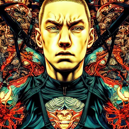 Prompt: portrait of crazy eminem singer, symmetrical, by yoichi hatakenaka, masamune shirow, josan gonzales and dan mumford, ayami kojima, takato yamamoto, barclay shaw, karol bak, yukito kishiro