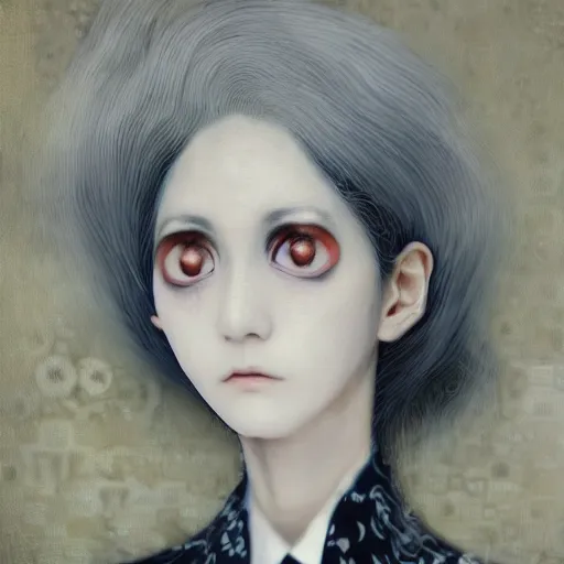 Image similar to yoshitaka amano blurred and dreamy realistic portrait of a woman with black eyes and white hair wearing dress suit with tie, junji ito abstract patterns in the background, satoshi kon anime, noisy film grain effect, highly detailed, renaissance oil painting, weird portrait angle, blurred lost edges, three quarter view