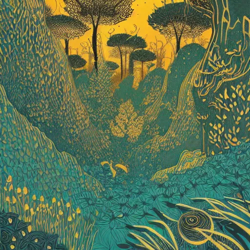 Prompt: linocut print of fantasy forest, amazing art, highly detailed, intricate flowers, color, masterpiece, by victo ngai, craig mullins