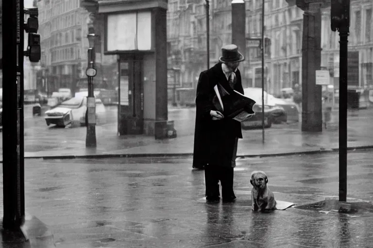 Image similar to a photograph of a dog in a business suit sat at the bus stop reading the newspaper, on a french parisian street in the morning on a rainy day, by henri cartier bresson, cinematic, beautiful lighting, leica