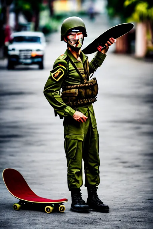 Image similar to vietnam soldier with skateboard, portrait, cinematic, bokeh, extreme detailed, vogue photo style, proportional, dynamic composition, intricate, comfort posse, smooth, sharp focus, body features, ultra realistic, award winning photo, captured by nikon d 8 5 0,, 4 k, full body.