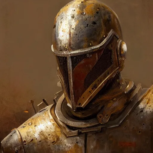 Prompt: A realistic painting of a knight in full plate armor, rusted and dirty armor, oil painting, by Greg Rutkowski, dark, moody lighting, trending on artstation, highly detailed