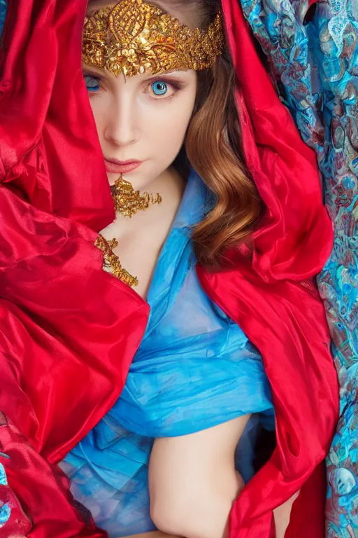 Image similar to a girl with beautiful cold blue eyes, standing in a dark room under the bright lighting of cold lamps, in bright red silk clothes golden ratio, by james jean, medium close - up, perfect composition, dramatic, medium close - up ( mcu ), cannon ef 6 5 mm f / 2. 8