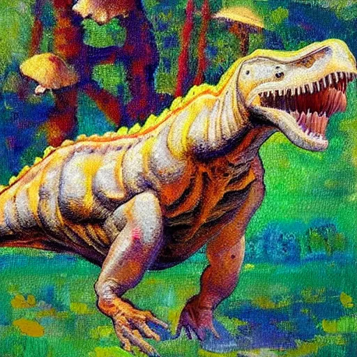 Prompt: impressionist painting of a dinosaur made of mushrooms
