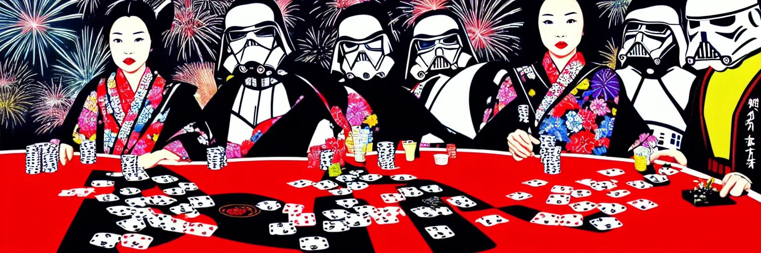 Image similar to hyperrealism composition of the detailed woman in a japanese kimono sitting at an extremely detailed poker table with darth vader and stormtrooper, fireworks on the background, pop - art style, jacky tsai style, andy warhol style, acrylic on canvas