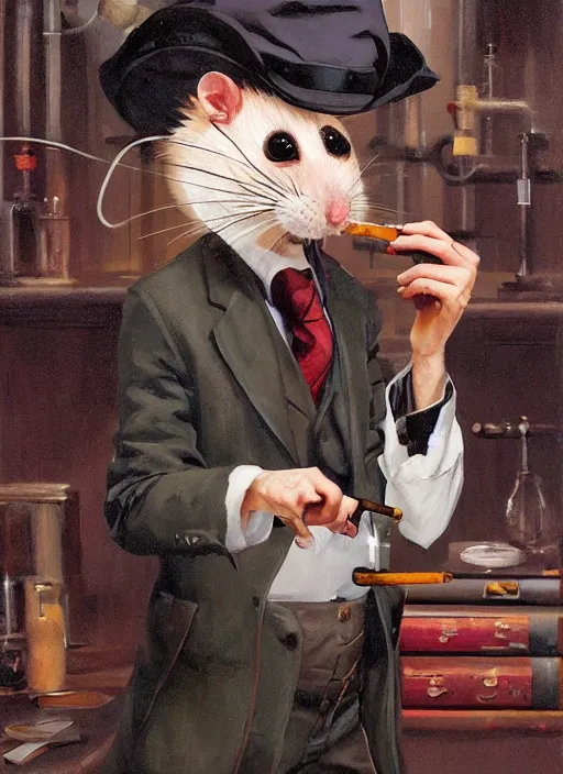 Prompt: oil painting of a cute pet rat dressed as an english professor smoking a pipe, giving a lecture in a university chemistry lab, digital art, artstation, fantasy, cinematic, fine details by realistic shaded lighting poster by ilya kuvshinov katsuhiro otomo, magali villeneuve, artgerm, jeremy lipkin and michael garmash and rob rey